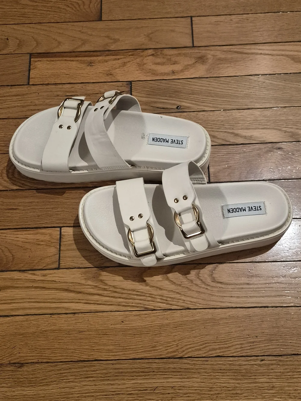 Steve Madden White Double Buckle Slide Sandals